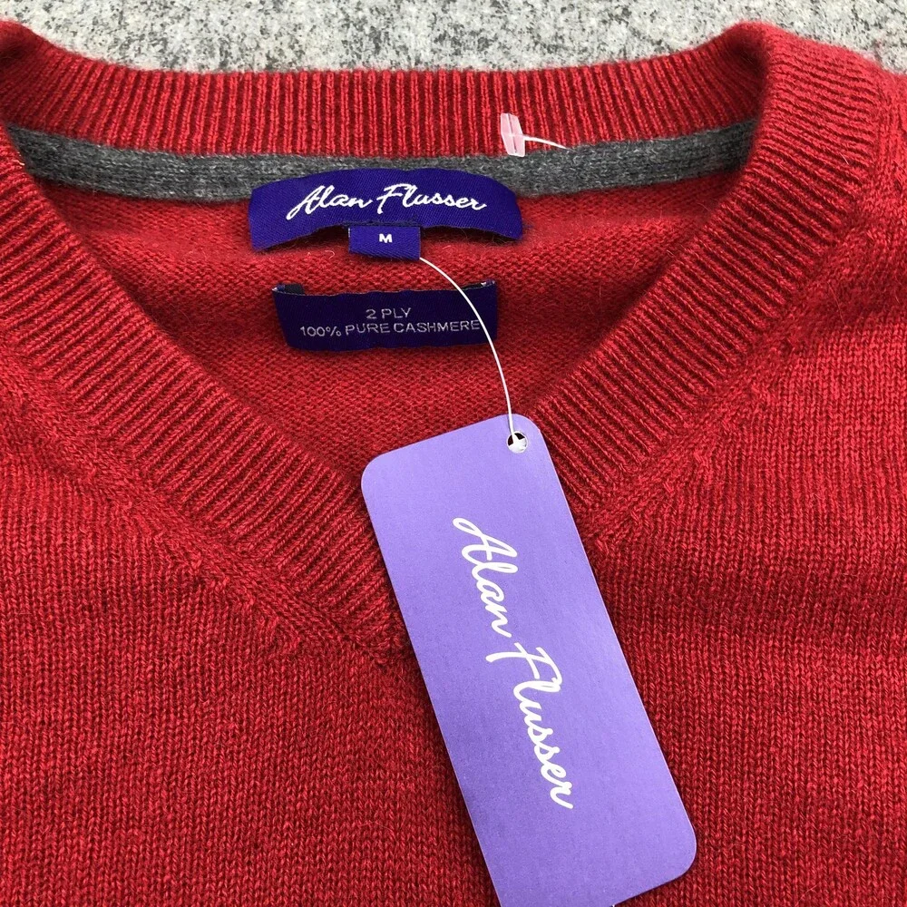 Alan Flusser Sweater Mens Medium Red 2 Ply Cashmere V Neck Knit Pullover Top